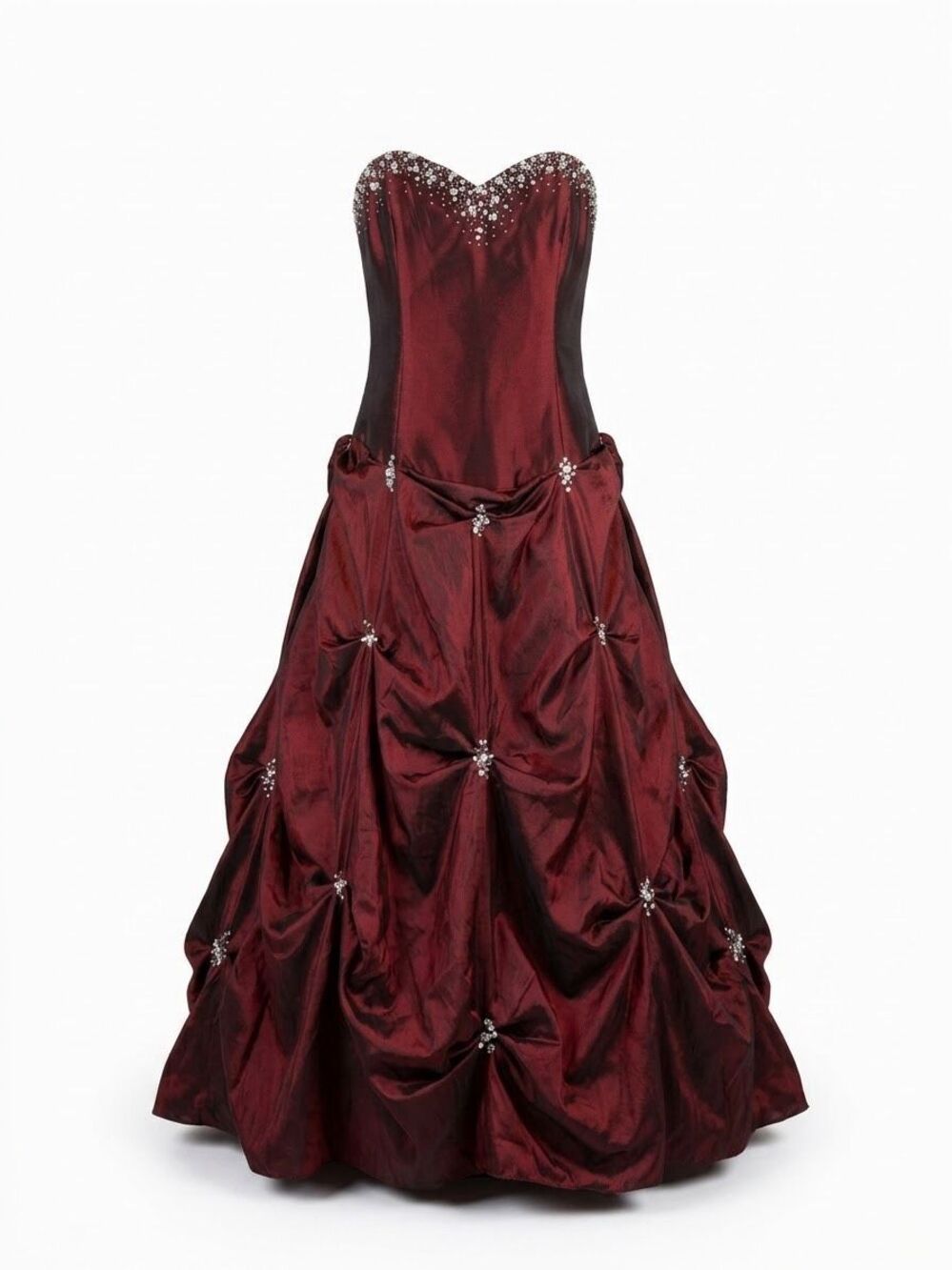Vtg burgundy Iridescent Beaded Corset Gown w/ Ruched Pickup Skirt & Train Gown